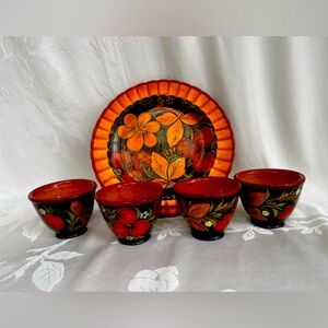 Vintage Khokhloma plate and 4 cups